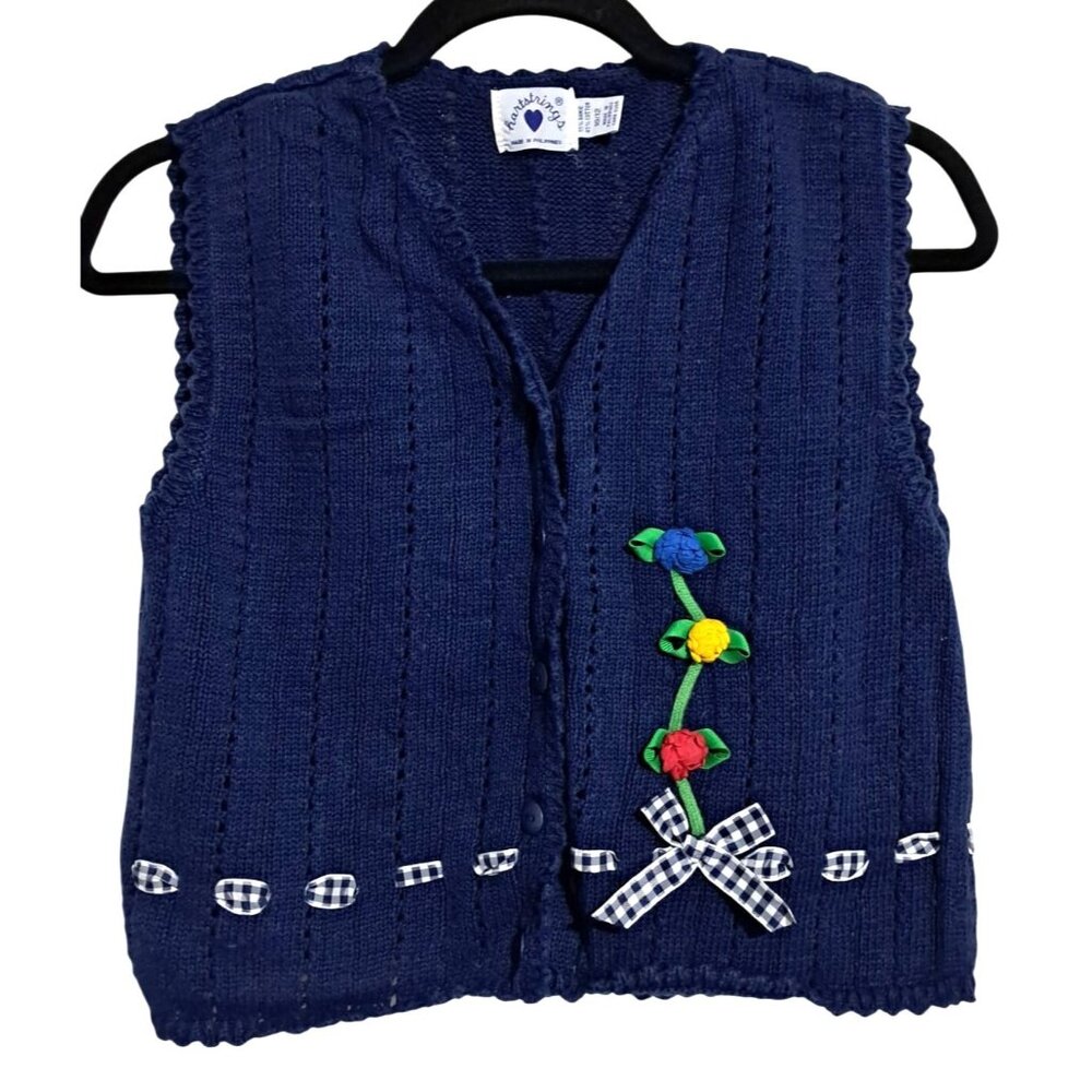 Vintage Hartstrings Girls Knit Vest Navy Blue 10/12 Floral Applique & Gingham Bo